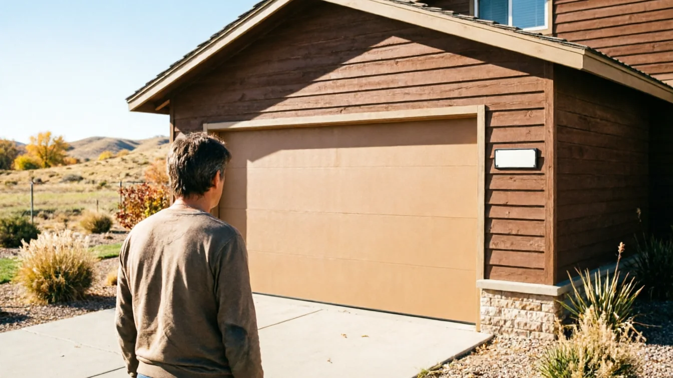 A man stands on a driveway looking at a closed tan garage door.